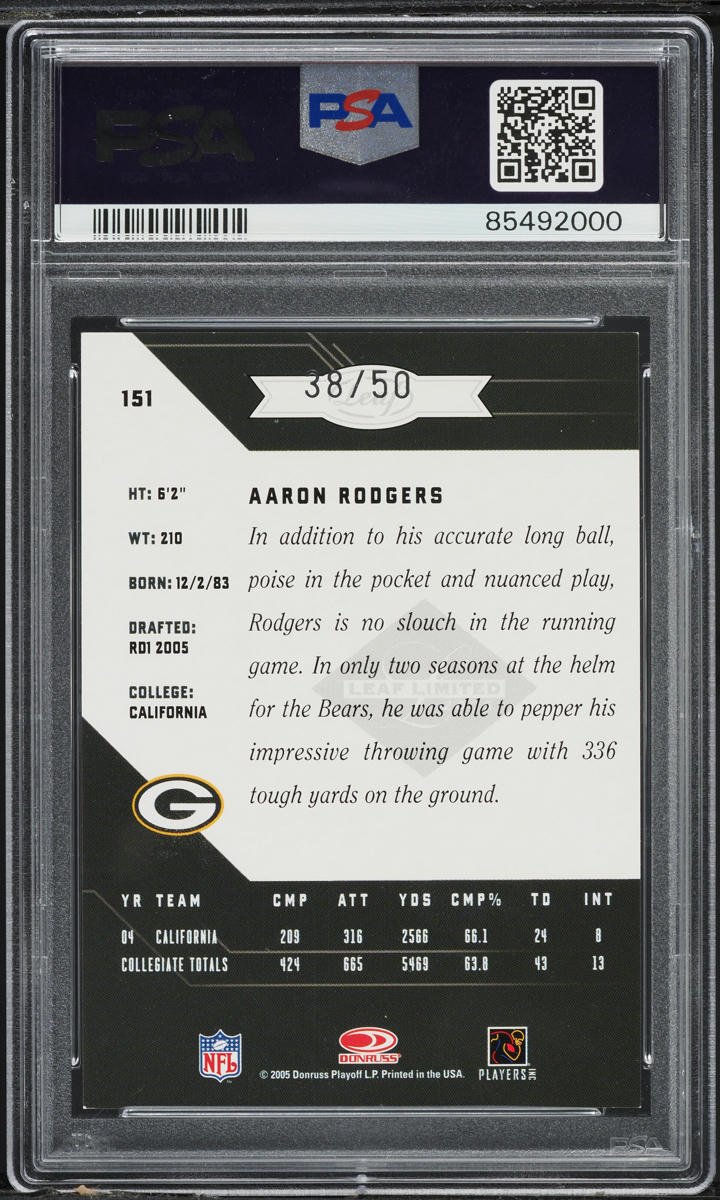 2005 Leaf Limited Silver Spotlight Aaron Rodgers ROOKIE /50 #151 PSA 7 NRMT