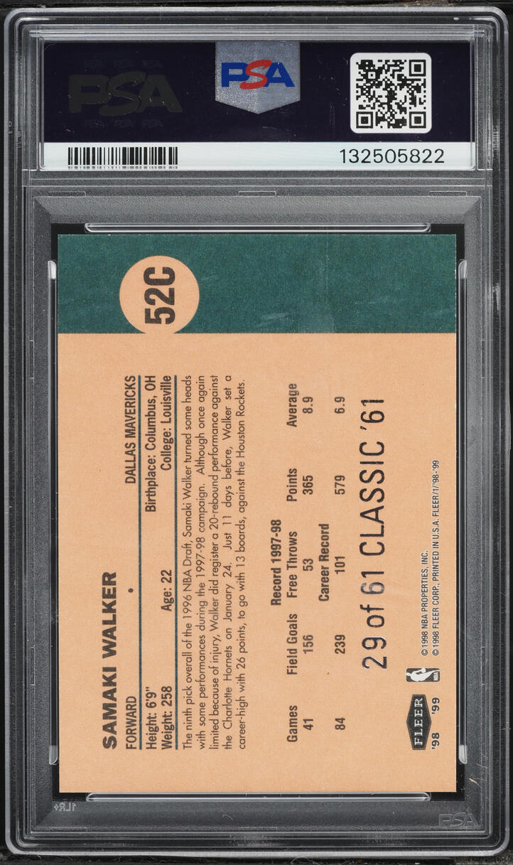 1998 Fleer Tradition Classic '61 Samaki Walker /61 #52C PSA 7 NRMT