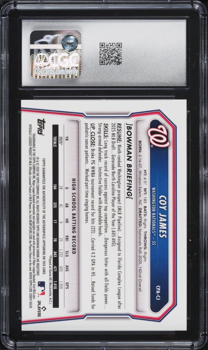 2026 Bowman Chrome Coy James PROSPECT AUTO #CPA-CJ CGC 10 GEM MINT