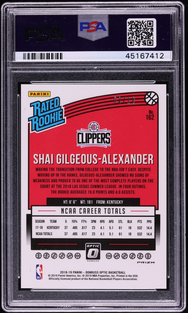 2018 Donruss Optic Fast Break Gold Shai Gilgeous-Alexander ROOKIE JERSEY # 2/10 #162 PSA 9 MINT