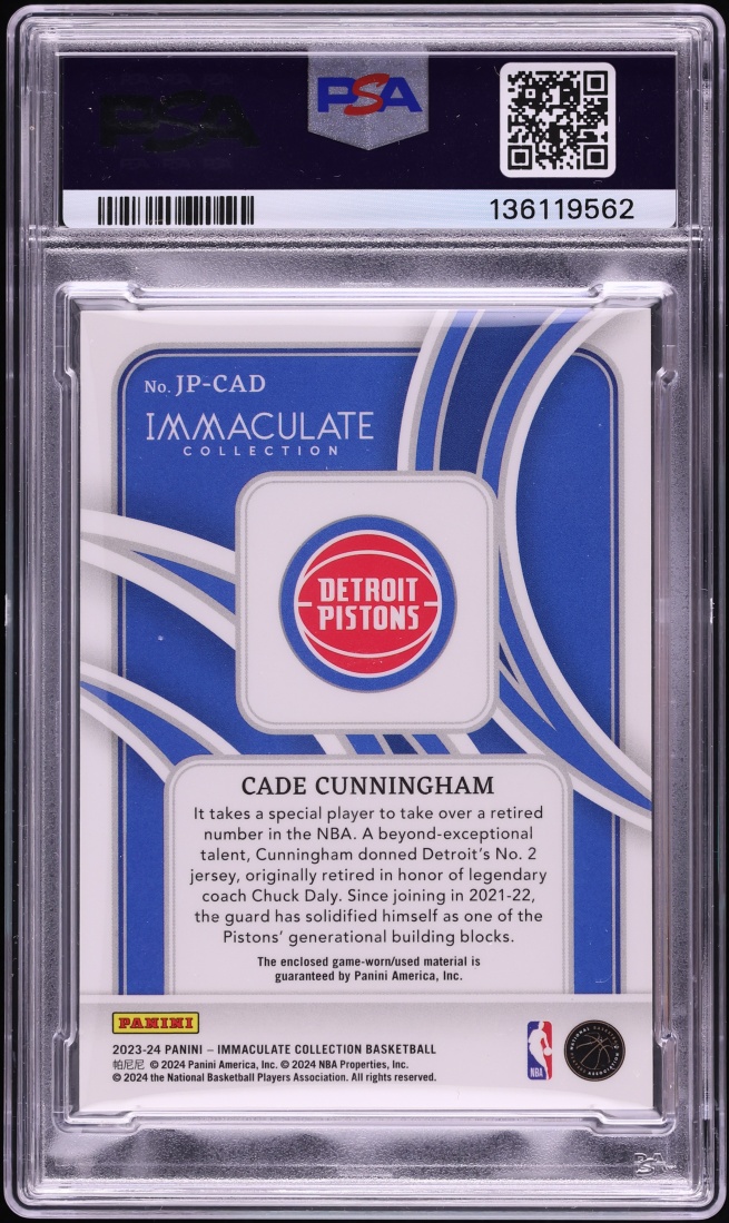 2023 Immaculate Collection Jumbo Team Logo Cade Cunningham PATCH JSY # 2/4 PSA 10 GEM MINT
