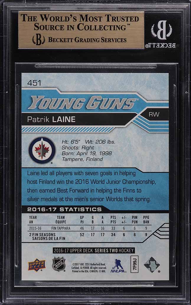 2016 Upper Deck Young Guns Patrik Laine ROOKIE #451 BGS 10 PRISTINE