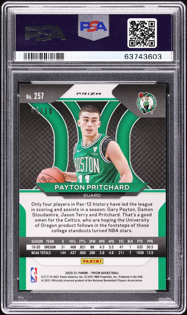 2020 Panini Prizm Gold Payton Pritchard ROOKIE /10 #257 PSA 10 GEM MINT