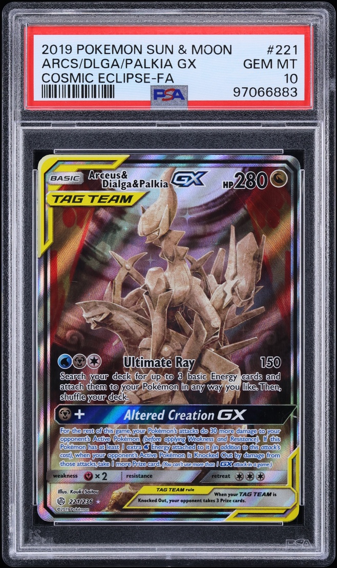 2019 Pokemon Sun & Moon Cosmic Eclipse Arceus & Dialga & Palkia GX #221 PSA 10 GEM MINT
