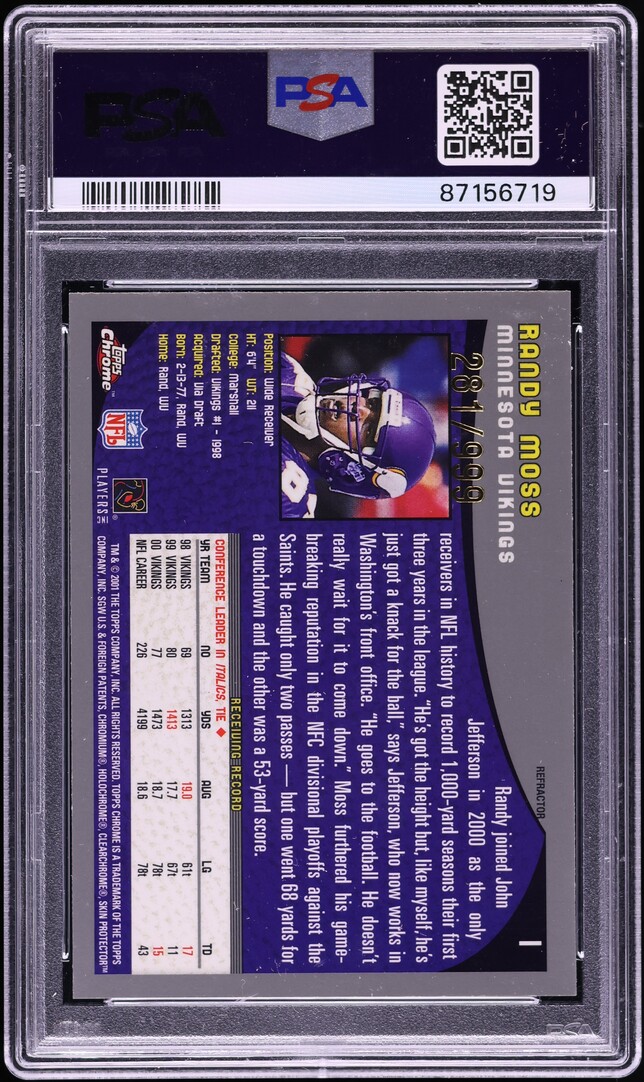 2001 Topps Chrome Refractor Randy Moss /999 #1 PSA 9 MINT