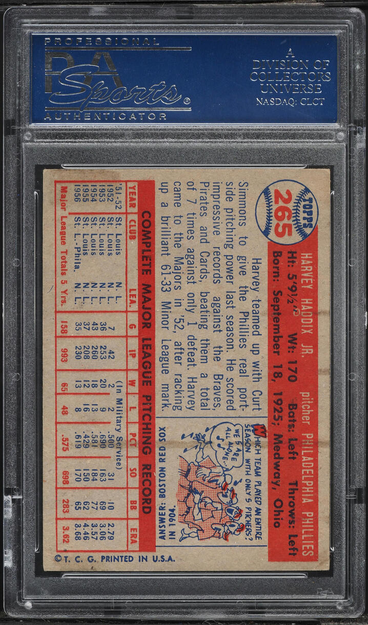 1957 Topps Harvey Haddix #265 PSA 6 EXMT