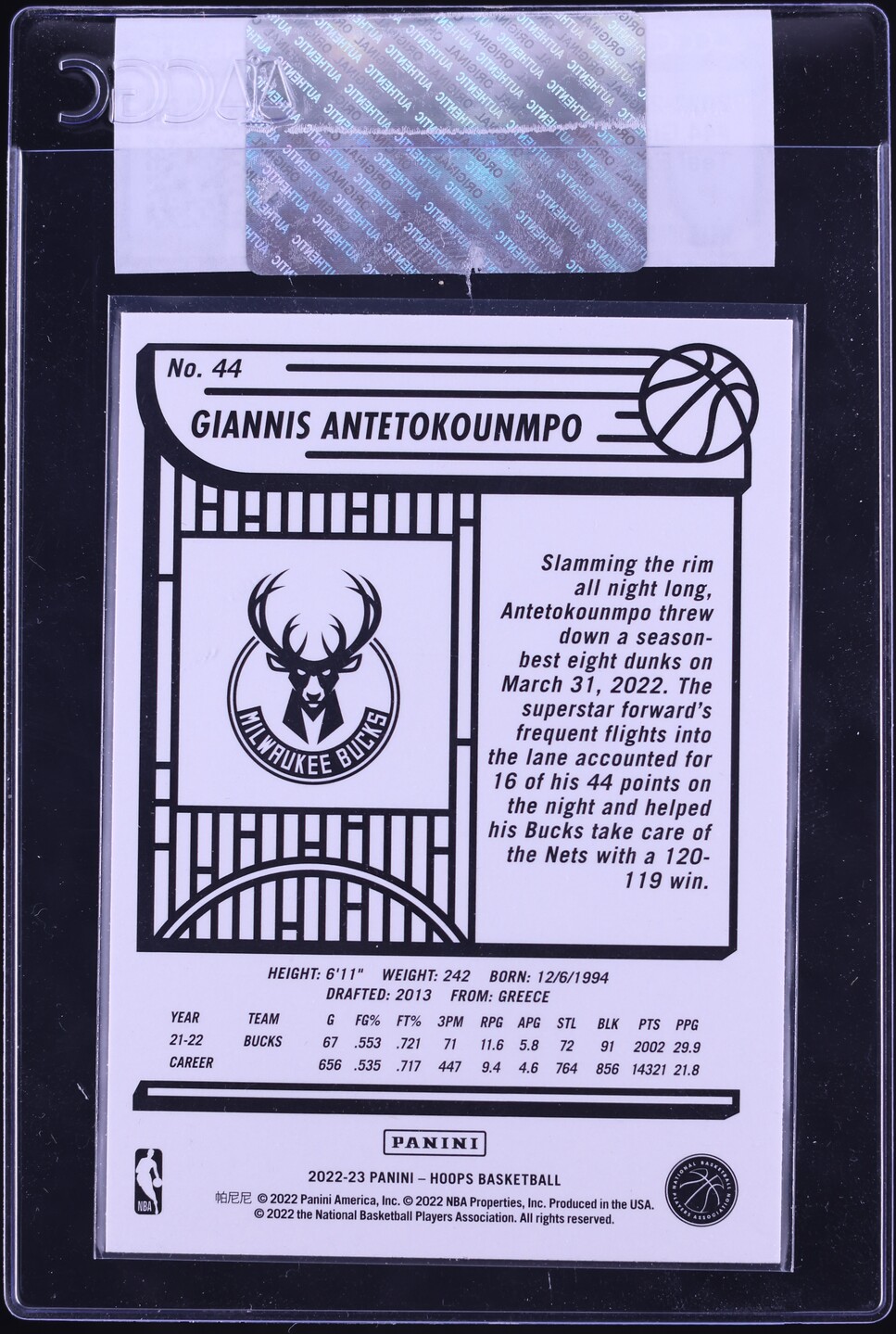 2022 Hoops Teal Explosion Giannis Antetokounmpo #44 CGC AUTH