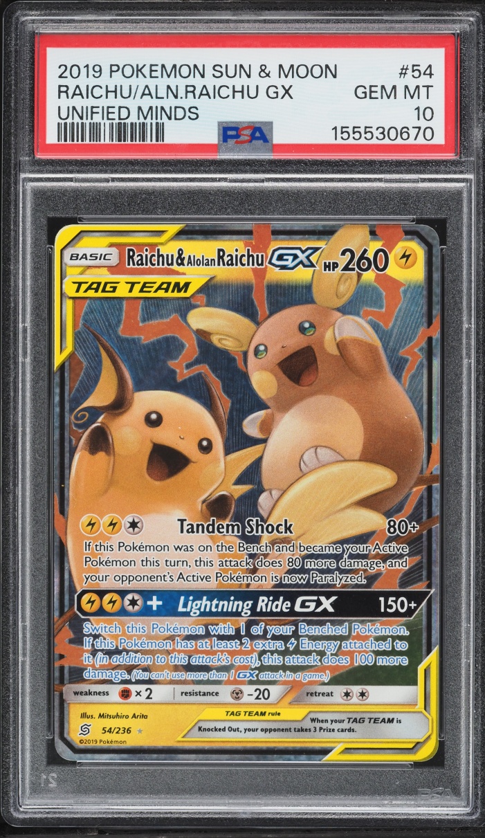 2019 Pokemon Sun & Moon Unified Minds Holo Raichu & Alolan Raichu GX #54 PSA 10 GEM MINT
