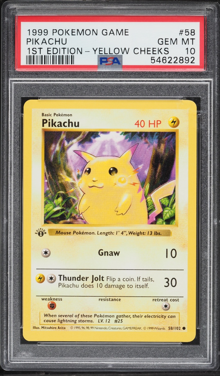 1999 Pokemon Base Set Shadowless 1st Edition Yellow Cheeks Pikachu #58 PSA 10 GEM MINT