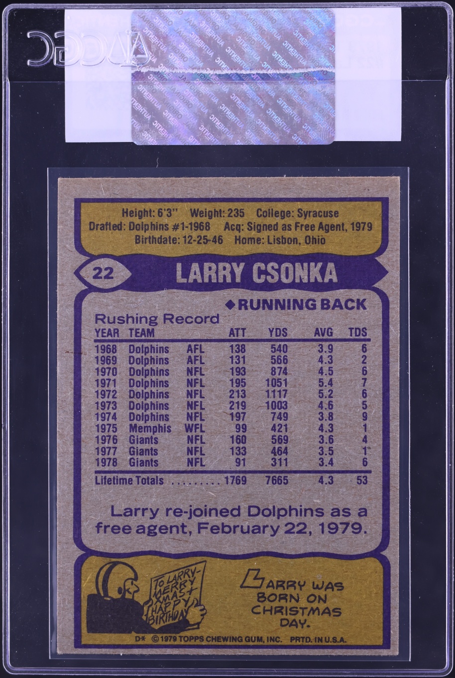 1979 Topps Football Larry Csonka #22 CGC AUTH