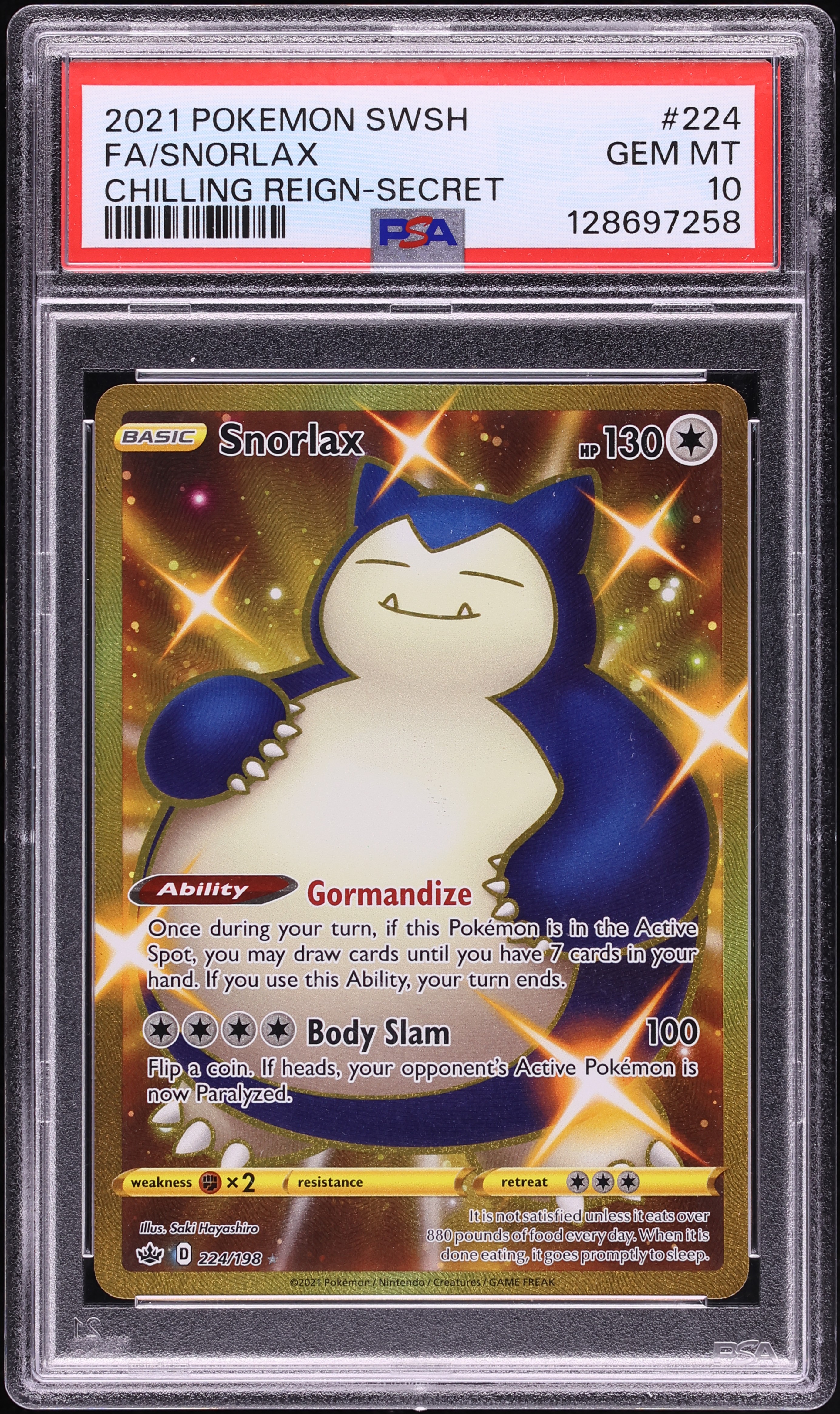 2021 Pokemon Sword & Shield Chilling Reign Gold Rare Snorlax #224 PSA 10 GEM MINT