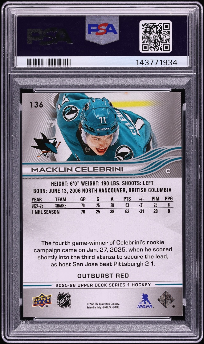 2025 Upper Deck Outburst Red Macklin Celebrini /25 #136 PSA 10 GEM MINT