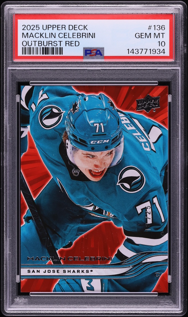 2025 Upper Deck Outburst Red Macklin Celebrini /25 #136 PSA 10 GEM MINT