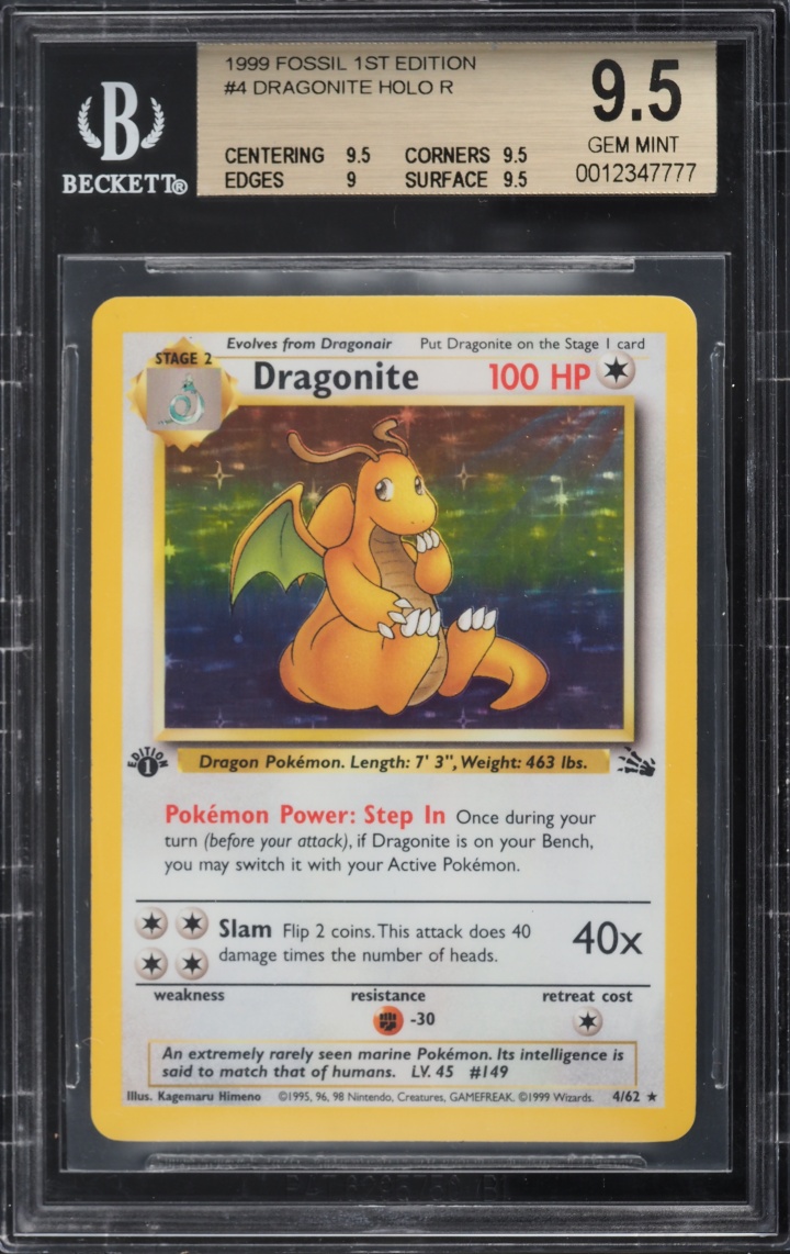 1999 Pokemon Fossil 1st Edition Holo Dragonite #4 BGS 9.5 GEM MINT