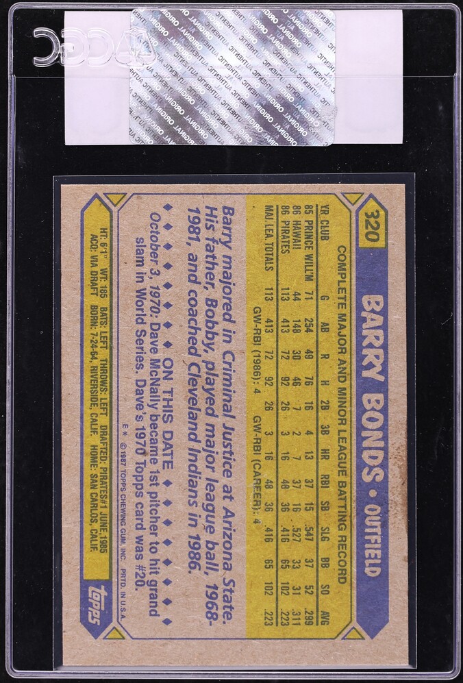 1987 Topps Barry Bonds ROOKIE #320 CGC AUTH