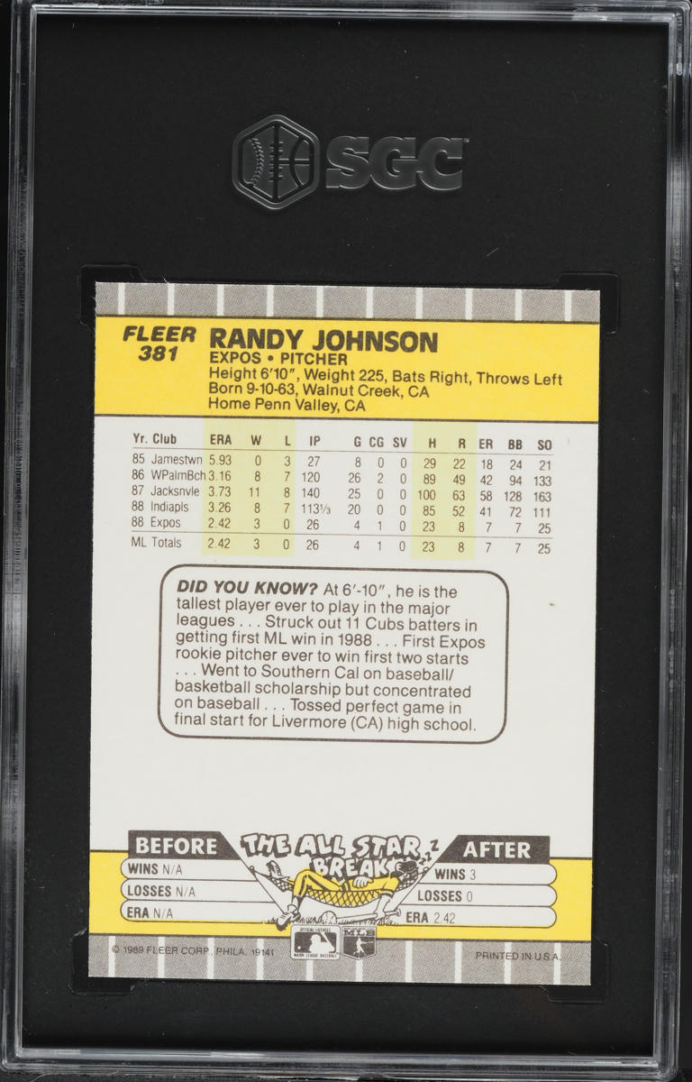 1989 Fleer Randy Johnson ROOKIE, AD BLACKED OUT #381 SGC 9 MINT