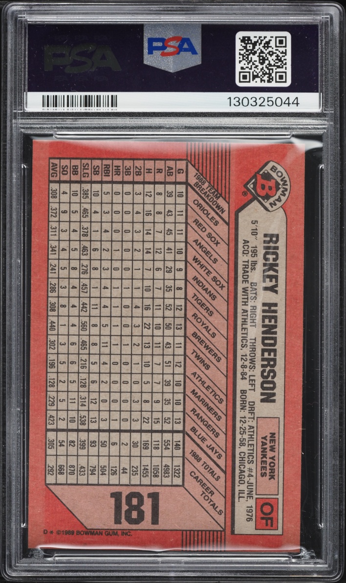 1989 Bowman Rickey Henderson #181 PSA 10 GEM MINT