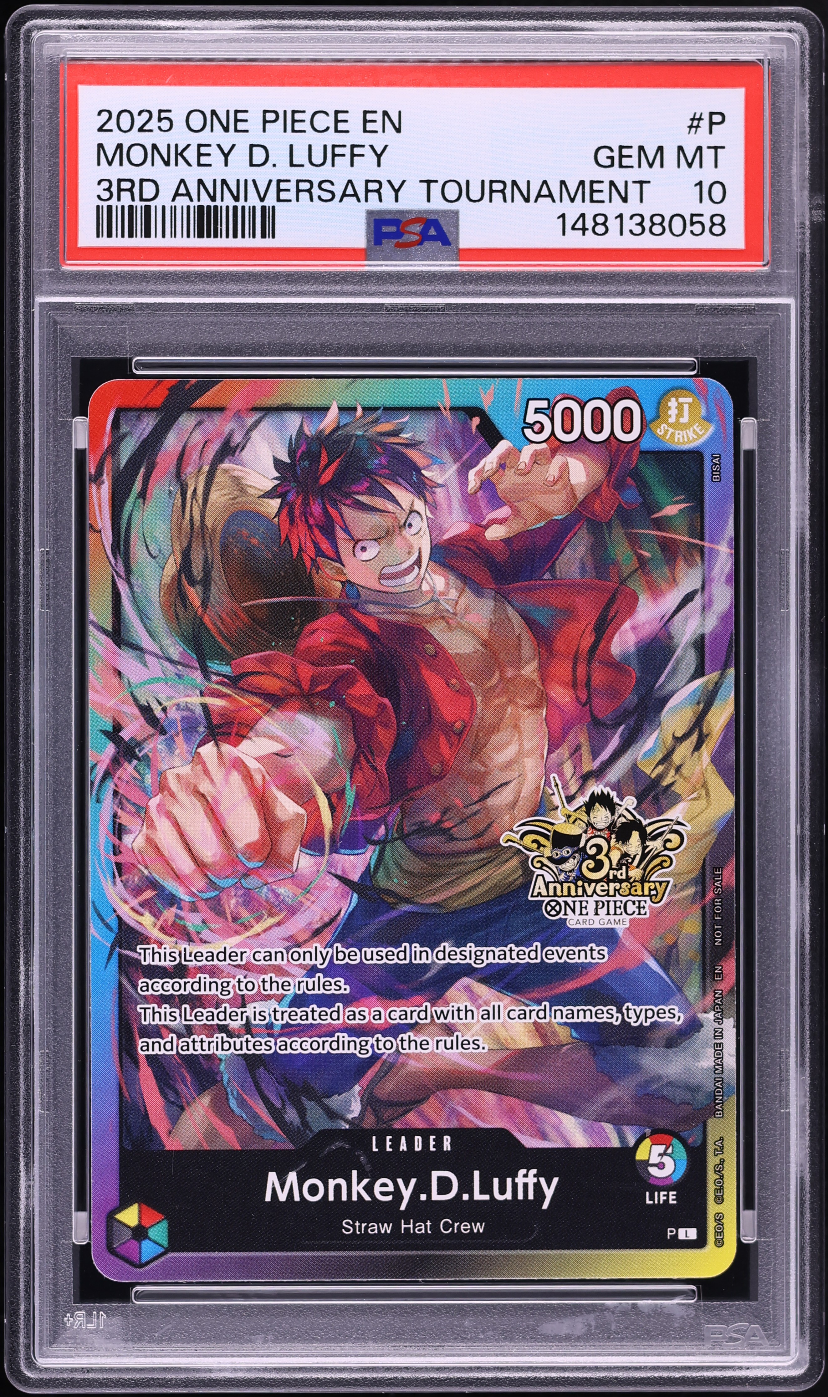 2025 One Piece Promo 3rd Anniversary Tournament Leader Monkey D. Luffy #P PSA 10 GEM MINT