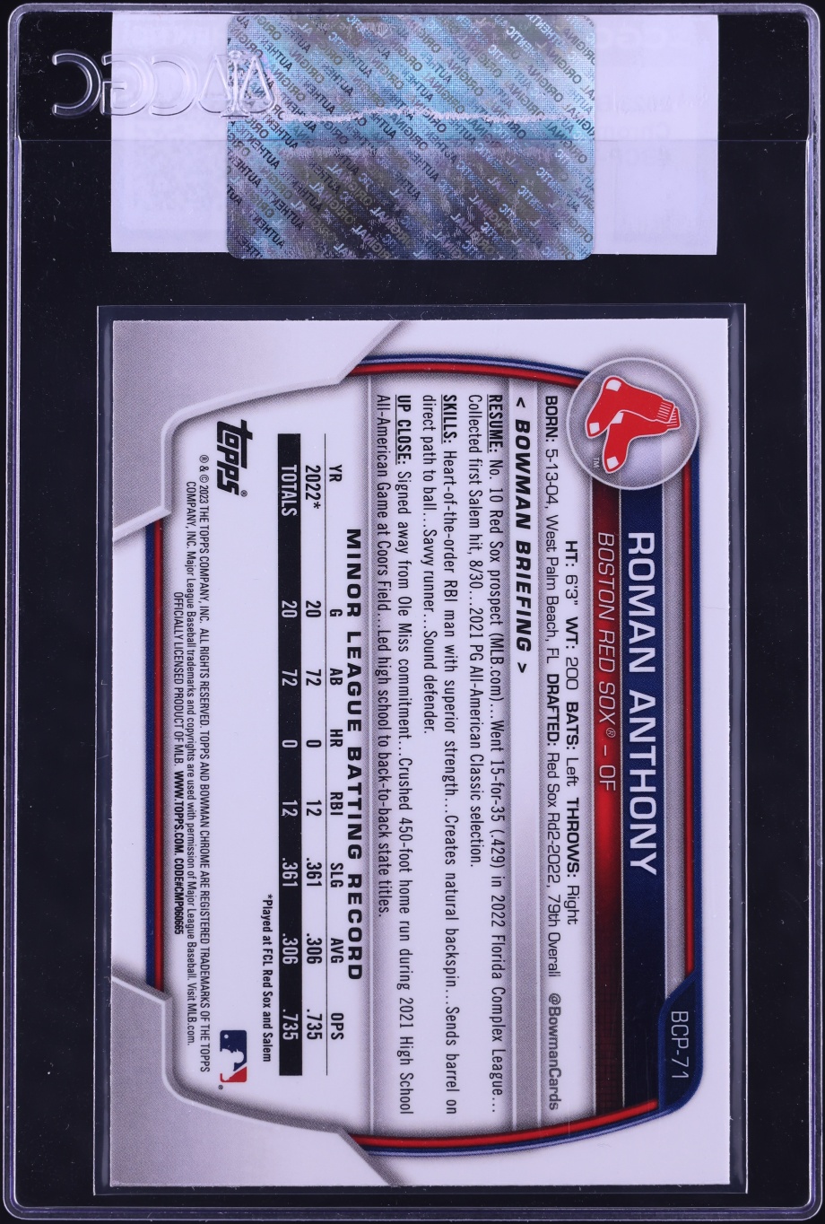 2023 Bowman Chrome Roman Anthony PROSPECT #BCP-71 CGC AUTH
