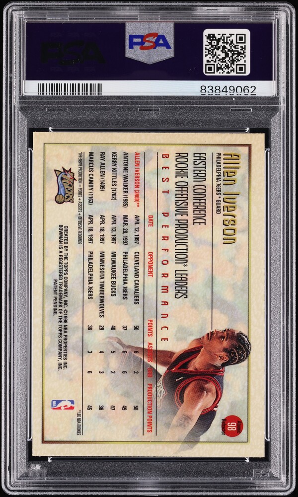 1997 Bowman's Best Atomic Refractor Allen Iverson #98 PSA 10 GEM MINT