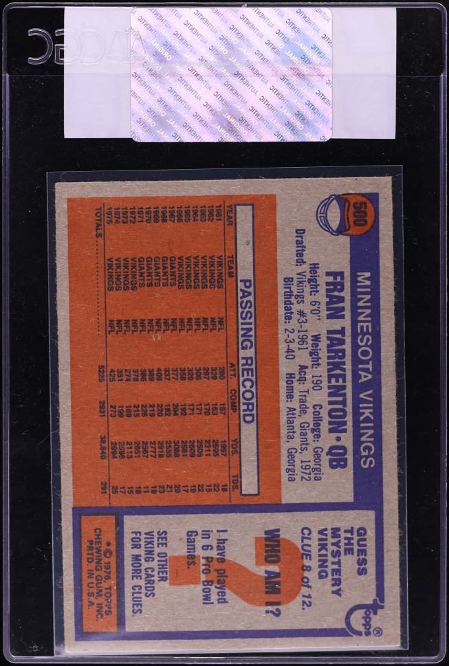 1976 Topps Football Fran Tarkenton #500 CGC AUTH