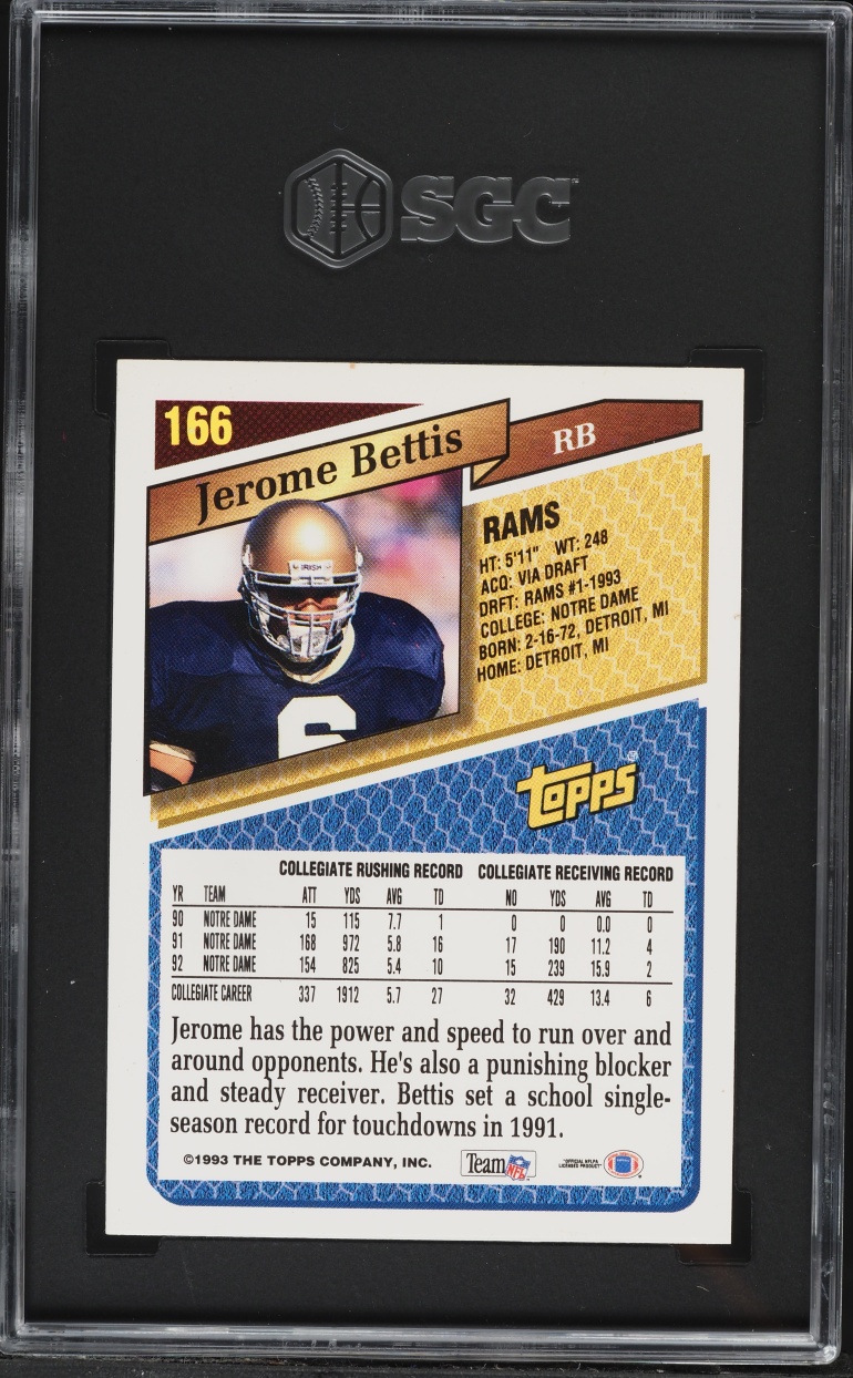 1993 Topps Football Jerome Bettis ROOKIE #166 SGC 8 NM-MT