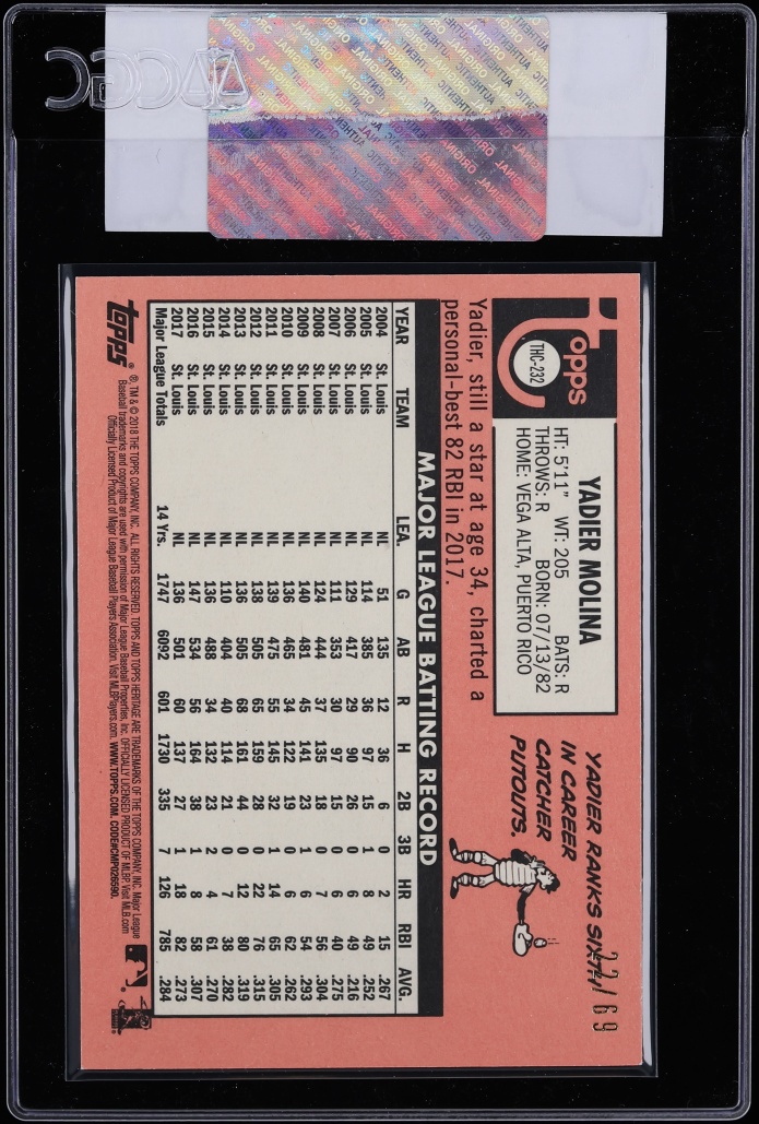 2018 Topps Heritage Chrome Black Refractor Yadier Molina /69 #THC-232 CGC AUTH - Photo 2