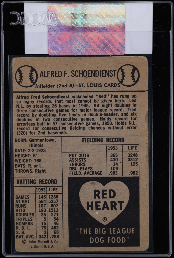 1954 Red Heart Red Schoendienst SHORT PRINT CGC AUTH - Photo 2