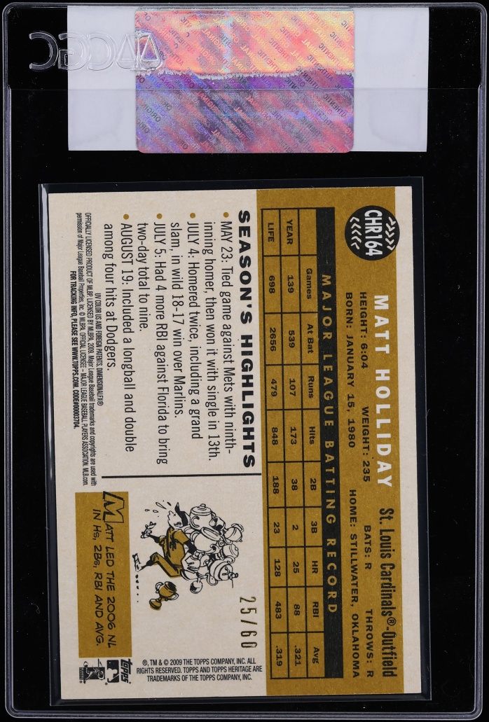 2009 Topps Heritage Chrome Black Refractor Matt Holliday /60 #CHR164 CGC AUTH - Photo 2