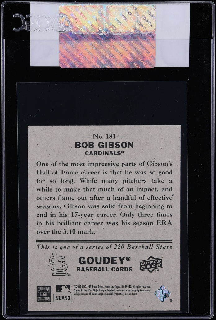 2009 Upper Deck Goudey Mini Black Back Bob Gibson /21 #181 CGC AUTH - Photo 2