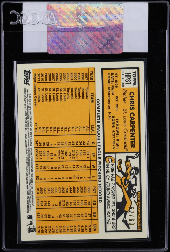 2012 Topps Heritage Chrome Black Refractor Chris Carpenter /63 #HP-87 CGC AUTH - Photo 2