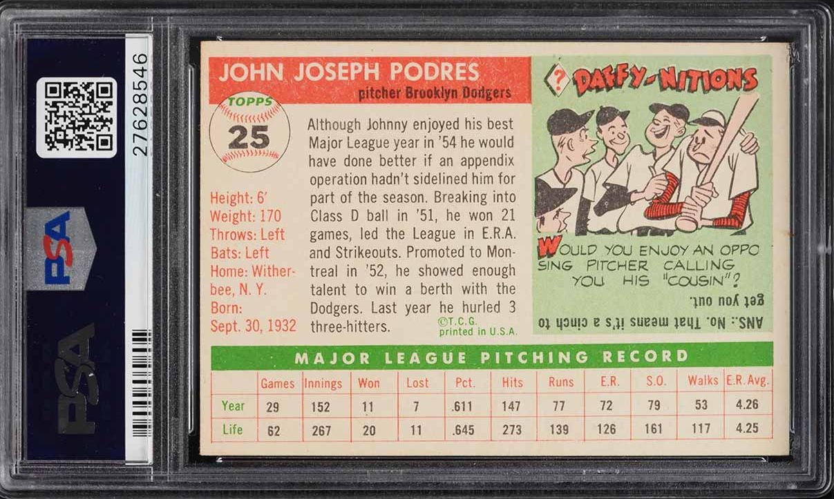 1955 Topps Johnny Podres #25 PSA 8 NM-MT