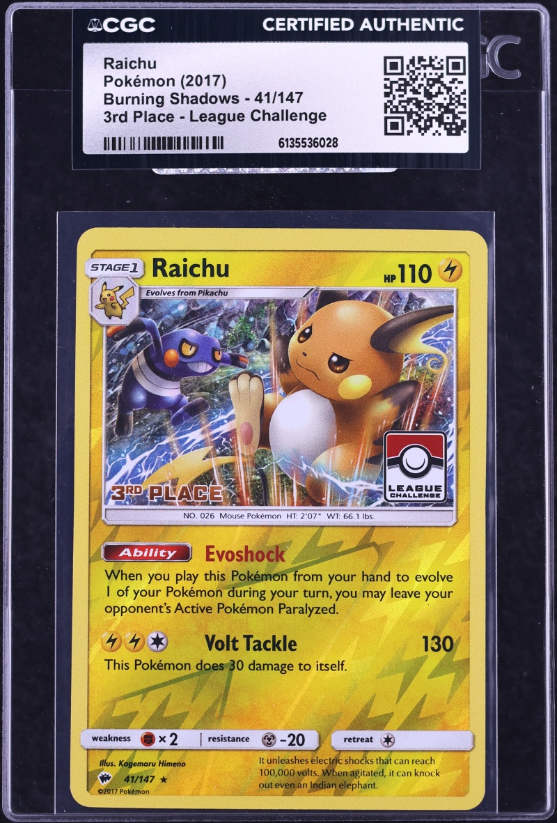 2017 Pokemon Sun & Moon Burning Shadows 3rd Place League Challenge Raichu #41 CGC AUTH