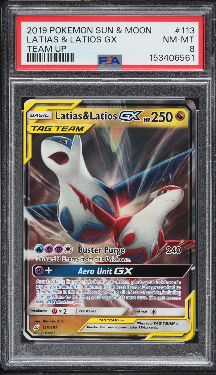 2019 Pokemon Sun & Moon Team Up Holo Latias & Latios GX #113 PSA 8 NM-MT