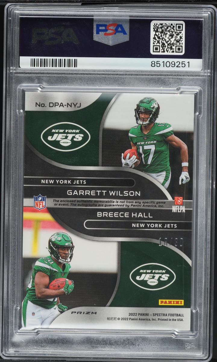 2022 Panini Spectra Green Breece Hall & Garrett Wilson RC PATCH AUTO /30 PSA 10