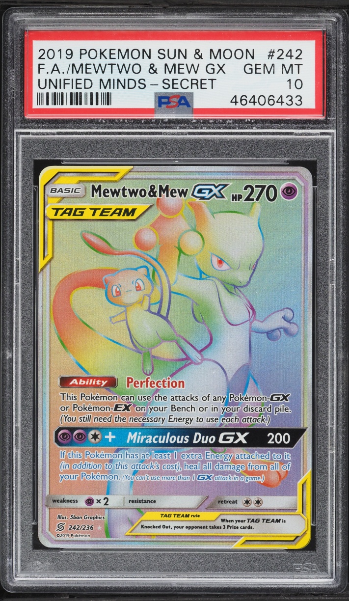 2019 Pokemon Sun & Moon Unified Minds Rainbow Rare Mewtwo & Mew GX #242 PSA 10 GEM MINT