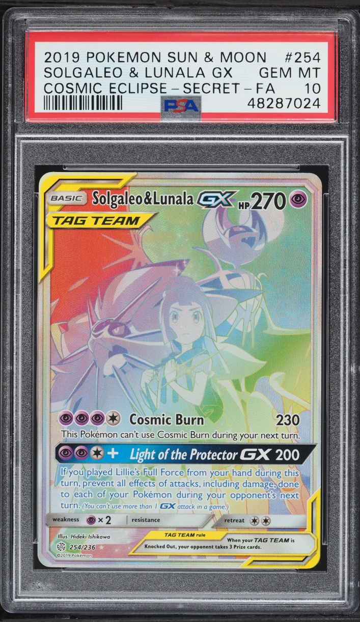 2019 Pokemon Sun & Moon Cosmic Eclipse Rainbow Rare Solgaleo & Lunala GX #254 PSA 10 GEM MINT