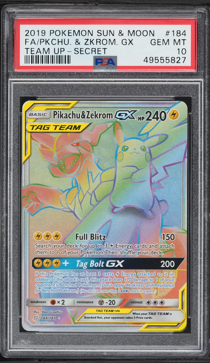 2019 Pokemon Sun & Moon Team Up Rainbow Rare Pikachu & Zekrom GX #184 PSA 10 GEM MINT
