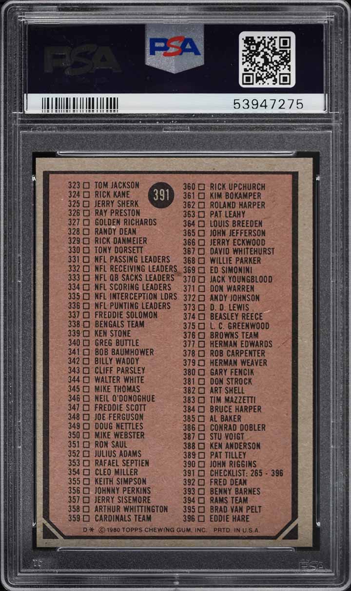 1980 Topps Football Checklist #265-396 #391 PSA 10 GEM MINT