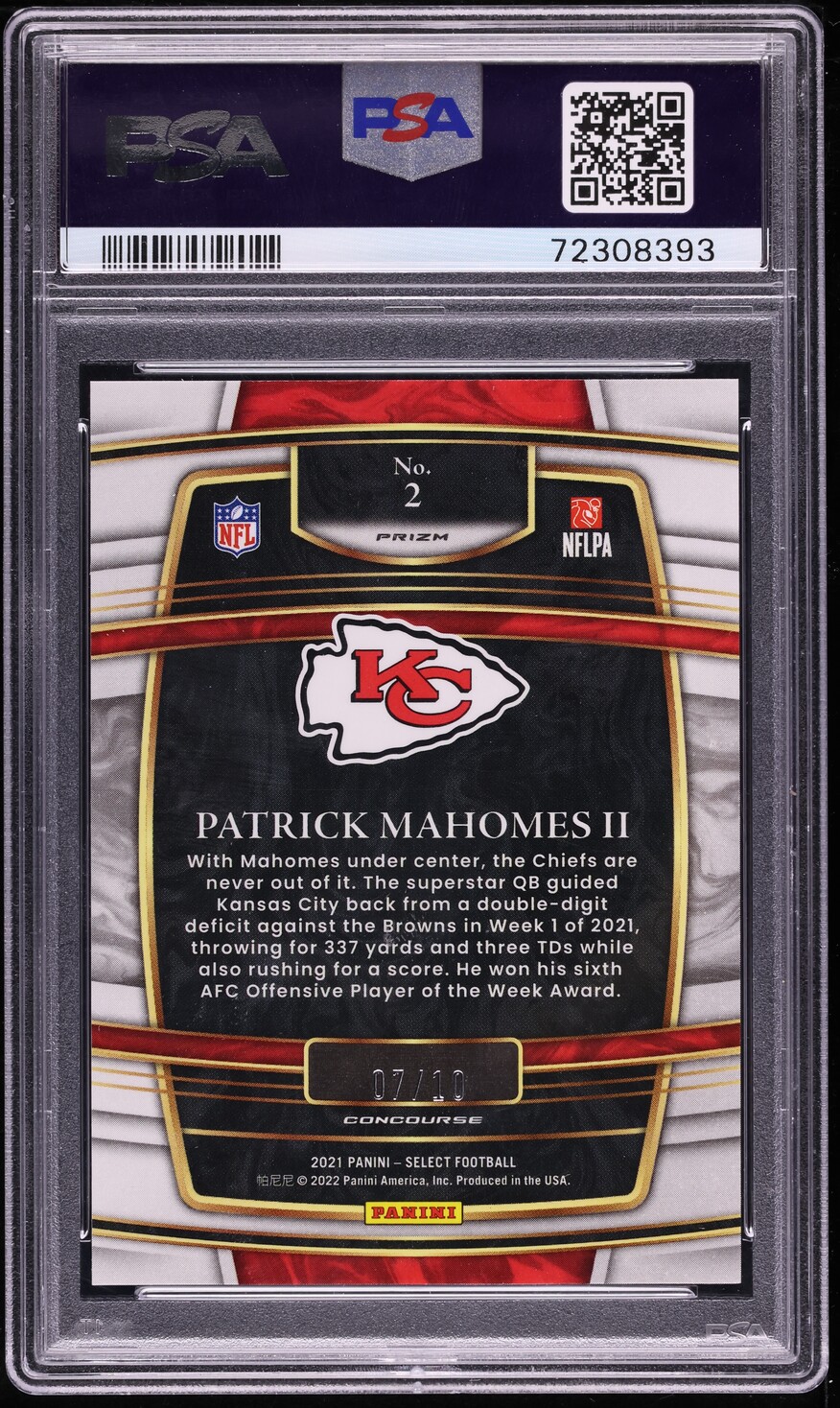 2021 Select Concourse Gold Prizm Patrick Mahomes II /10 #2 PSA 9 MINT