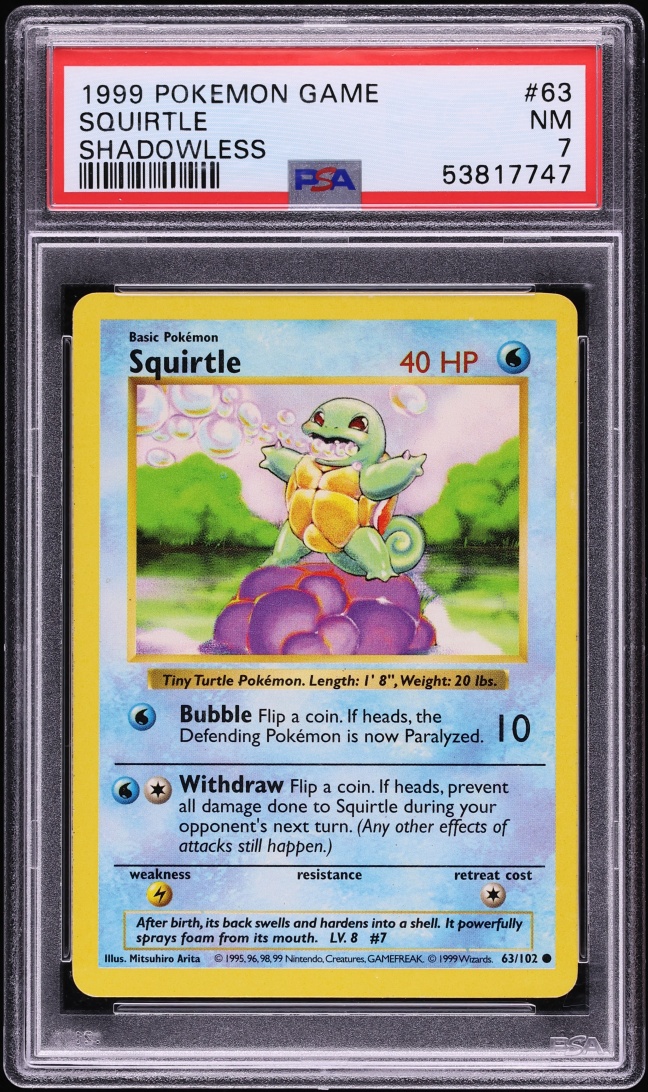 1999 Pokemon Base Set Shadowless Squirtle #63 PSA 7 NRMT