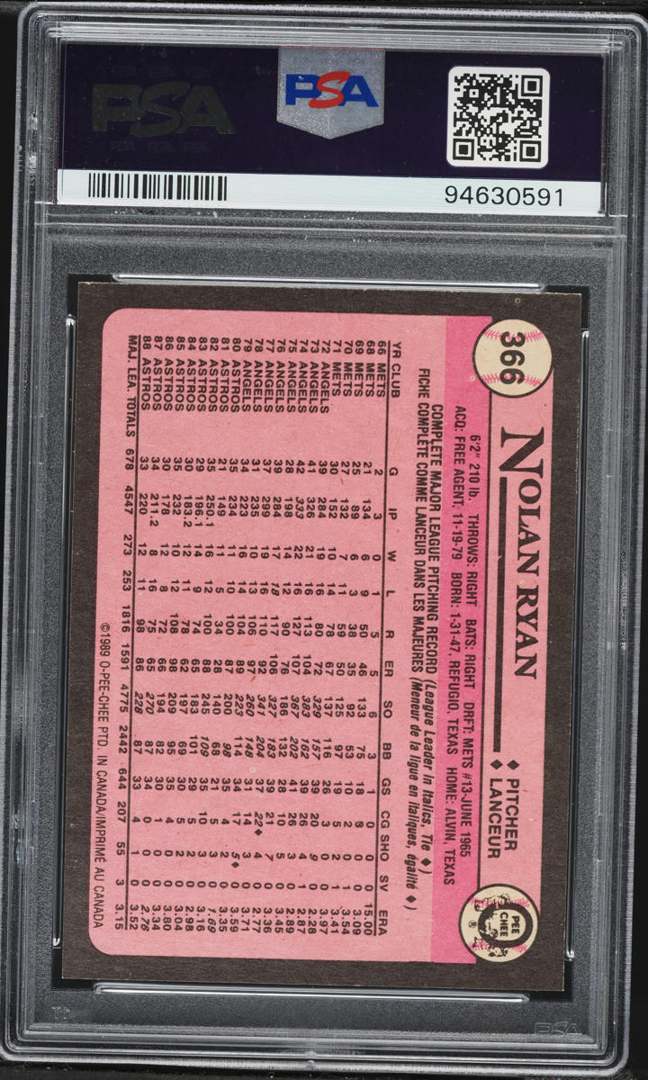 1989 O-Pee-Chee Nolan Ryan #366 PSA 10 GEM MINT