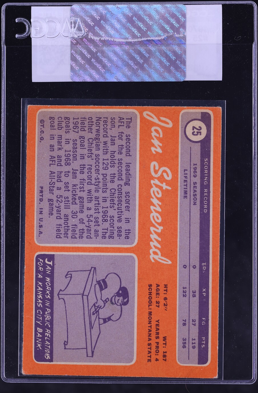 1970 Topps Football Jan Stenerud ROOKIE #25 CGC AUTH