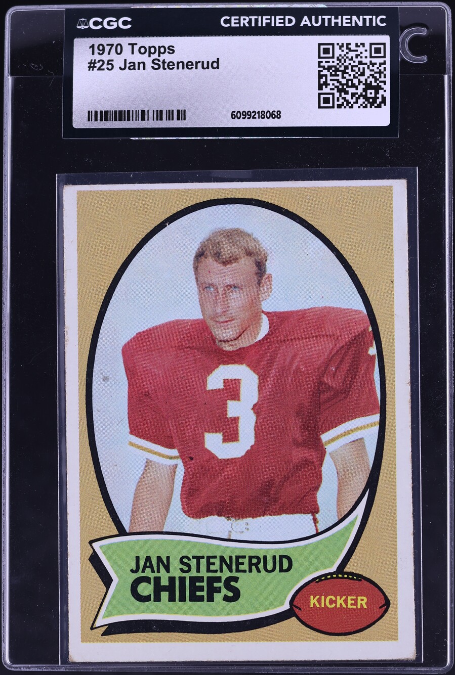 1970 Topps Football Jan Stenerud ROOKIE #25 CGC AUTH