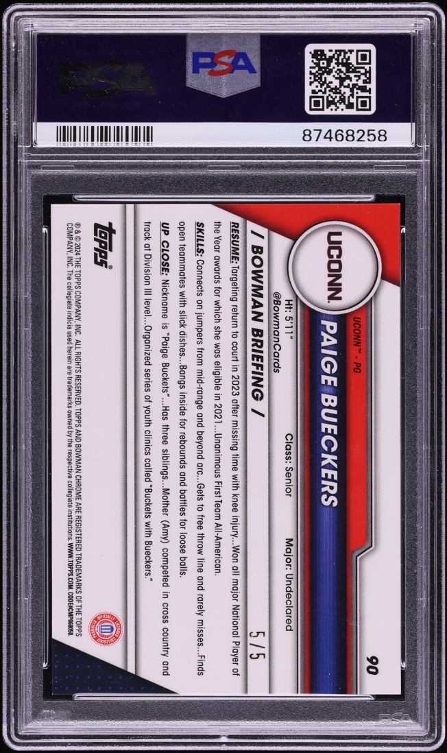 2023 Bowman Chrome University Red Refractor Paige Bueckers ROOKIE 5/5 #90 PSA 10 GEM MINT - Photo 2