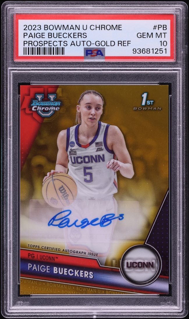 2023 Bowman Chrome University Paige Bueckers Gold Refractor ROOKIE AUTO JERSEY # 5/50 PSA 10