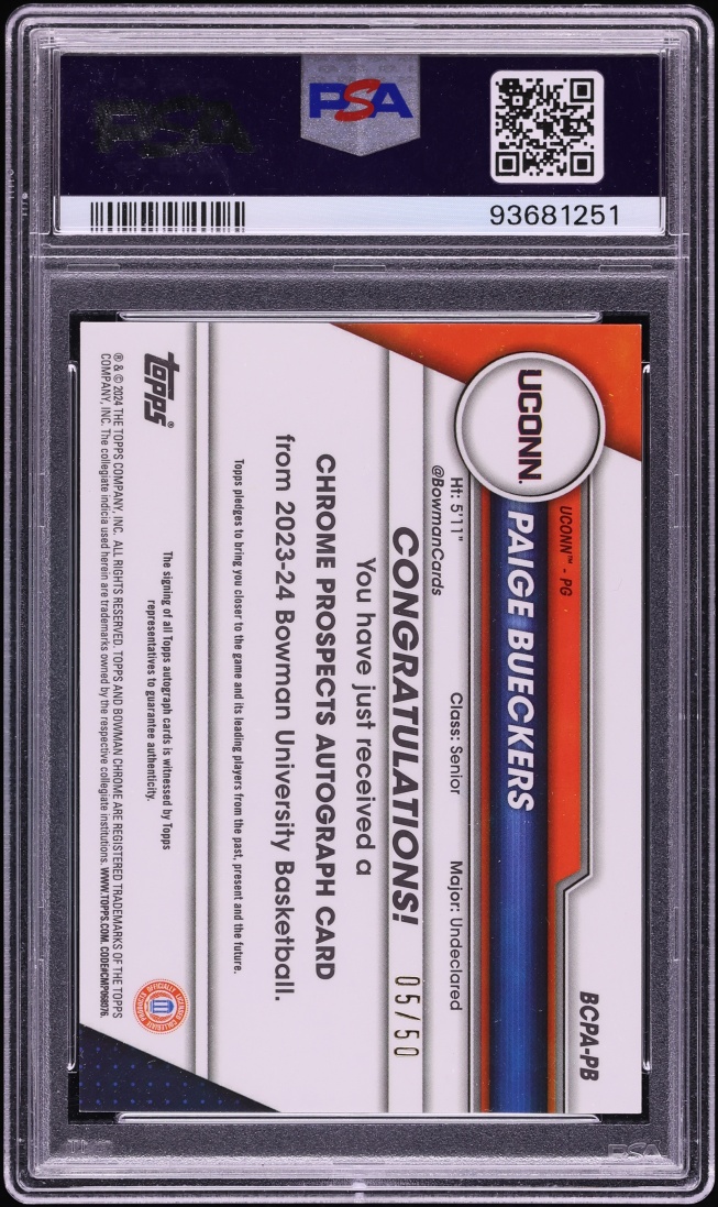2023 Bowman Chrome University Paige Bueckers Gold Refractor ROOKIE AUTO JERSEY # 5/50 PSA 10 - Photo 2