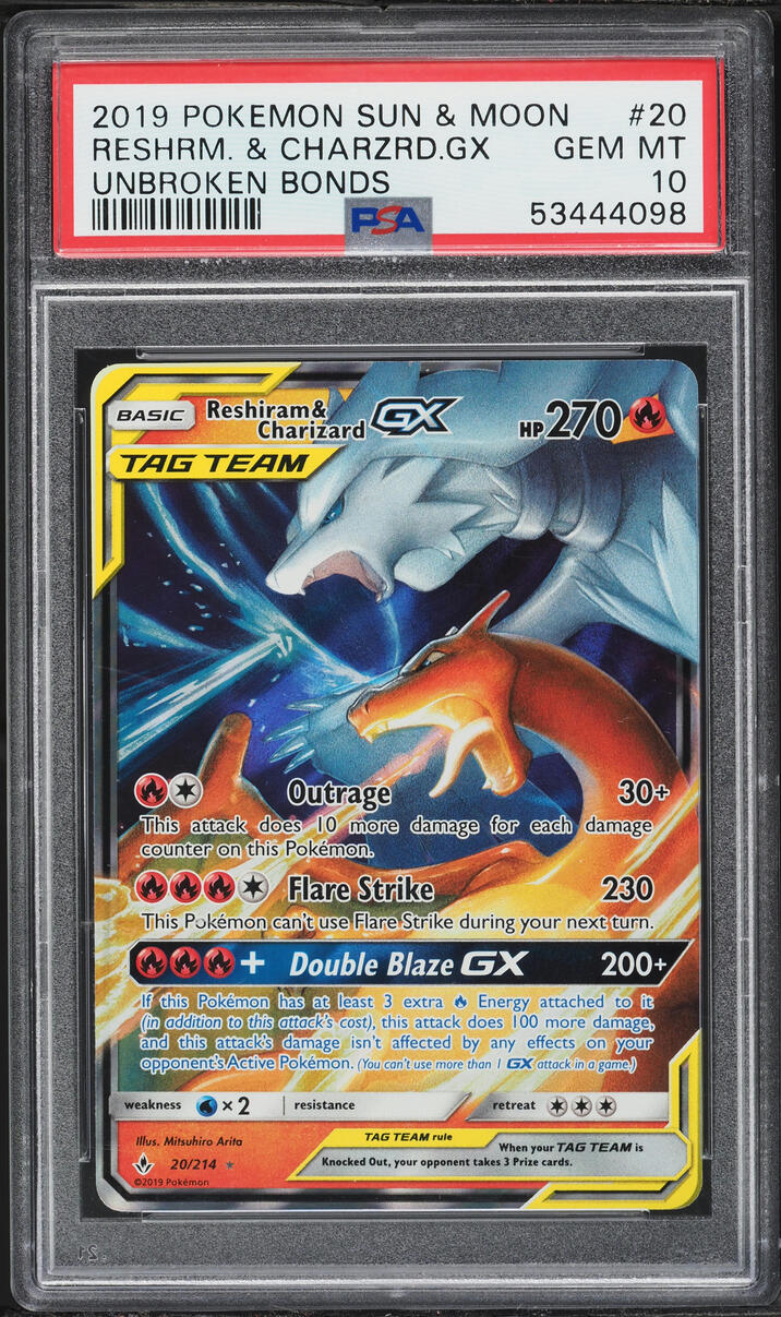2019 Pokemon SM Unbroken Bonds Full Art Reshiram & Charizard GX #20 PSA 10 GEM