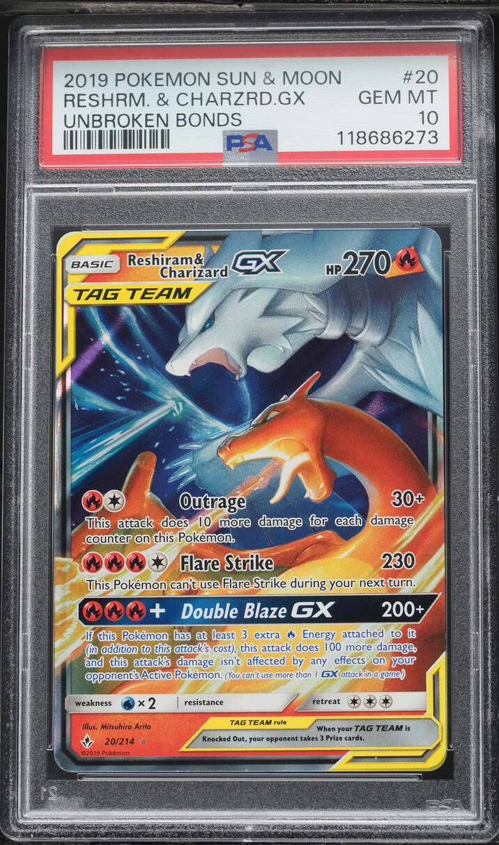 2019 Pokemon SM Unbroken Bonds Full Art Reshiram & Charizard GX #20 PSA 10 GEM