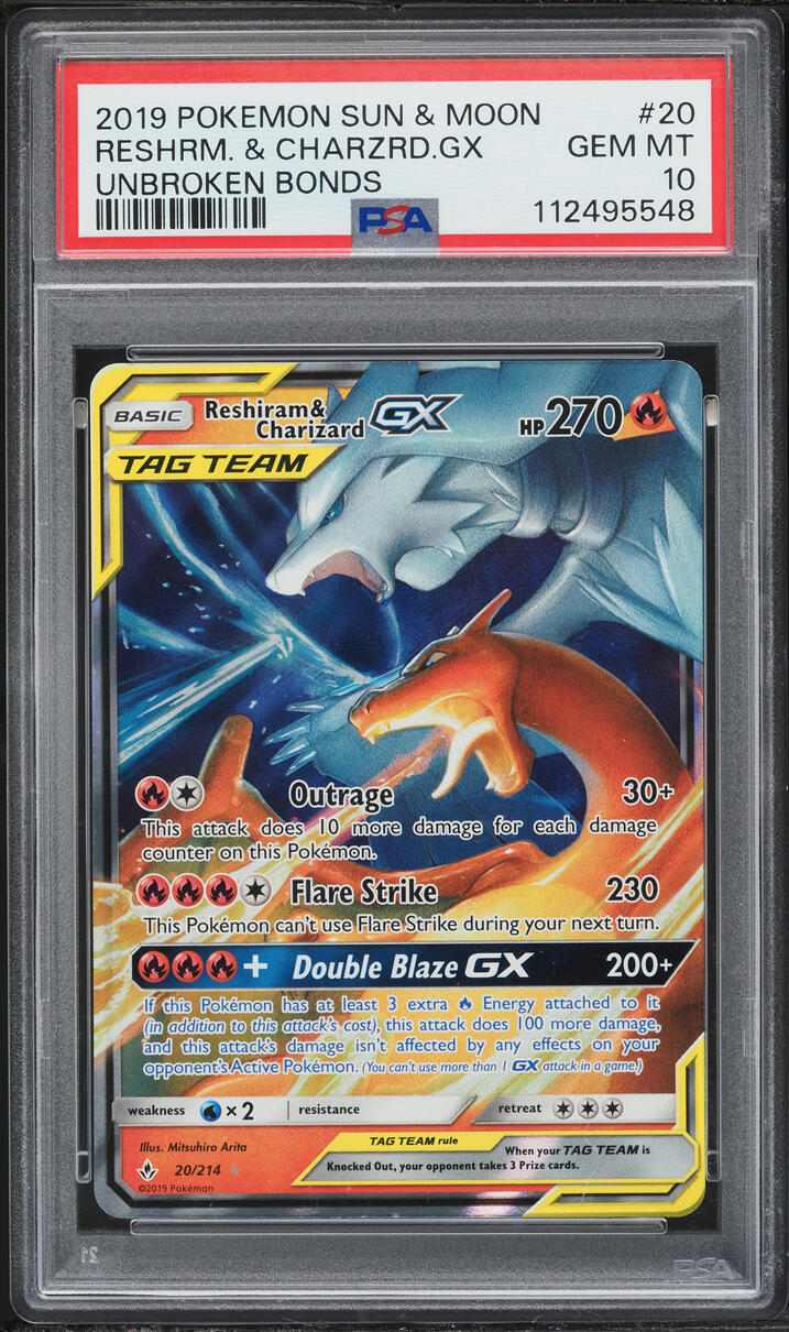 2019 Pokemon Sun & Moon Unbroken Bonds Reshiram & Charizard GX #20 PSA 10 GEM MINT